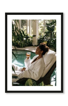 Young black woman relaxing in bathrobe drinking herbal tea by indoor pool in luxury spa