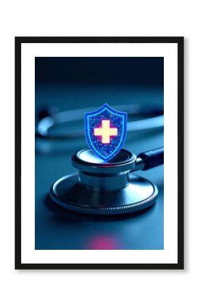 A digital shield with a medical cross symbol sits on a stethoscope, representing the importance of protecting patient data and ensuring secure healthcare practices. new image