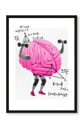 Contemporary art collage. Pink brain with muscular arms lifts weights surrounded by mathematical formulas symbolizing cognitive strength or mental exercises. Concept of neurology, health diseases. Ad