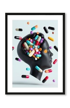 Abstract representation of the human mind with a silhouette head filled with colorful pills and capsules symbolizing mental health, wellness, and anxiety relief