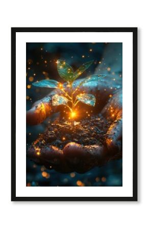 A glowing seedling held in hands symbolizes new beginnings growth and potential. Ideal for environmental projects or wellness brands promoting nurturing and transformation.