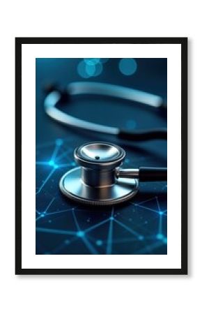 Medical tech concept image. Stethoscope on network background. Modern medicine, healthcare. Tech innovation in health. Medical technology, connectivity. Digital health care future. Medical devices.