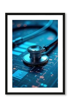 Futuristic tech medical interface shows data flow. Modern stethoscope lies on surface of virtual hospital. Medical concept illustration demonstrates online healthcare. Smart health tech interface
