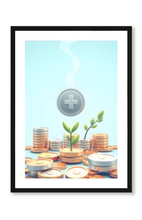 Healthcare Insurance and financial and medical expenses planning stability for patients. Coins and savings and wellness investments finance growth, pixel art, with white tones