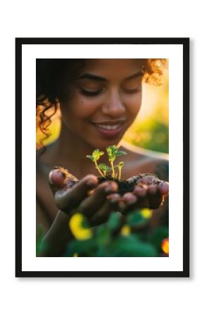 Woman holding small plants in soil, symbolizing growth and sustainability in nature. Eco-friendly gardening, environmental awareness, and nurturing green life.