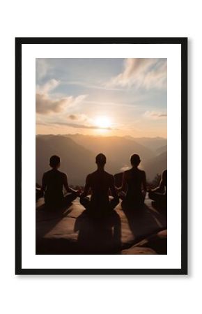 Group of people meditating at sunrise on a mountain peak, peaceful spiritual retreat, mindfulness and relaxation in nature, silhouetted figures practicing yoga, serene wellness concept  