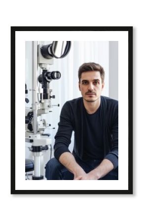 Man seated before ophthalmological equipment highlighting the significance of eye health diagnostics