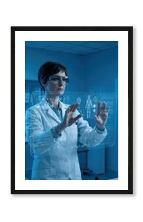 Futuristic doctor using transparent digital screen showing medical data for advanced healthcare technology