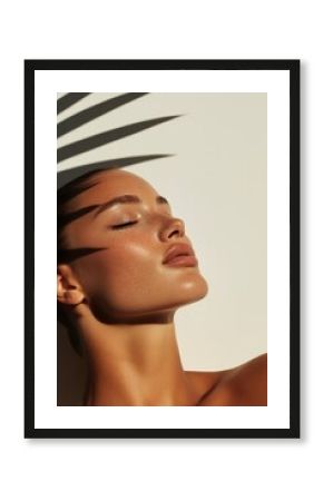 Portrait of a young woman, tanned with closed eyes, against a white background, beautiful complexion and subtle makeup, perfect skin, palm leaf shadows, summer vacation
