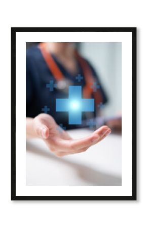 Professional healthcare medical worker holding health with shield icon health insurance concept