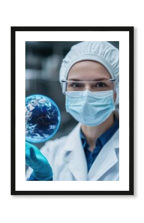 A healthcare professional in a lab coat and mask holds a glowing globe, symbolizing global health and scientific advancement.