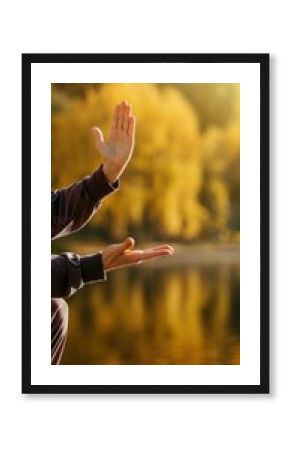 Meditative movement by lake in autumn setting