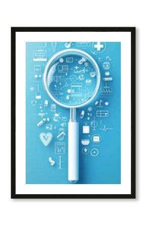 Medical research magnifying glass  health symbols  light blue background  conceptual image for healthcare or pharmaceutical company