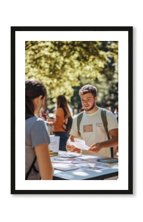 Mental health awareness campaign booth at a college campus, with volunteers handing out informational brochures and talking to students.