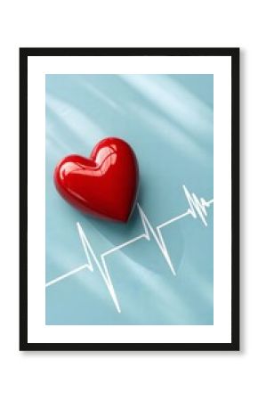 Red heart with a white ECG line on a soothing blue background, representing cardiology, cardiovascular health and medical care awareness.