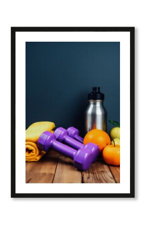Purple dumbbells, a water bottle, and fresh fruits arranged on a wooden surface for a healthy lifestyle