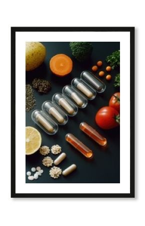 A variety of vitamins and supplements arranged on a table, emphasizing health and wellness.