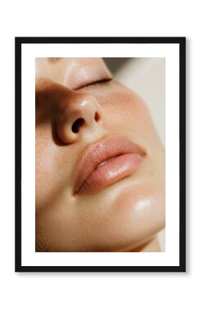 Glowing skin close-up with natural freckles, smooth hydrated complexion, beauty skincare routine, sun-kissed healthy glow