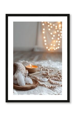 A yoga mat with meditation props including crystals, incense sticks, and candles placed in a peaceful setting