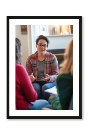 Young woman leading group therapy session for mental health