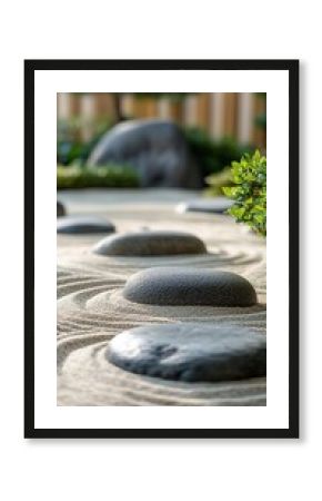 A tranquil Japanese Zen garden with smooth stones, sand, and small plants, against a blurred background. pic