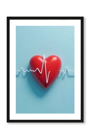 Red glossy heart with ECG line on pastel blue background, symbolizing love and health