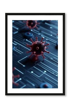 Virus particles on a digital circuit board representing the intersection of technology and health in modern society, illustrating the health crisis concept
