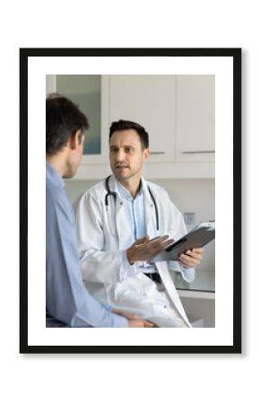 Doctor in coat engaging in discussion with clinic patient, hold clipboard and pen, explain diagnosis, write health complaint, asks disease symptoms, gives healthcare advice during medical consultation