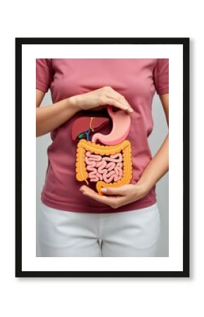 Female holding colorful anatomical digestive system model in front of torso showing stomach intestines liver