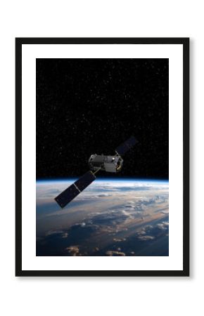 Cargo space craft Earth planet.Dark background. Sci-fi wallpaper.Space Station Orbiting Earth.Space ship.Space art wallpaper.Solar Observatory.Elements of this image furnished by NASA.3D illustration