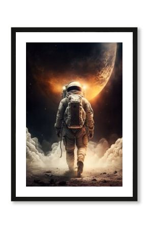 An astronaut walks in his space suit on a distant planet. Outer space - Generative AI