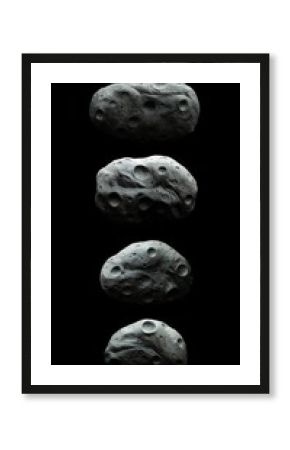 Set of asteroids on a black background. Meteorites of the inner solar system. Collection of the largest space rocks.