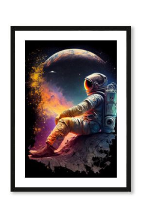 Astronaut Sitting on a Planet Outer Space, Cosmonaut Relaxing on the Moon Fantasy Illustration, Generative AI