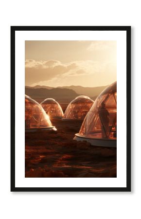 Futuristic homes in the martian desert, protective geodesic domes inhabited, extraterrestrial glass hut concept art, space journey on Mars, tech domes, 3d render of alien panorama. Ai generated art
