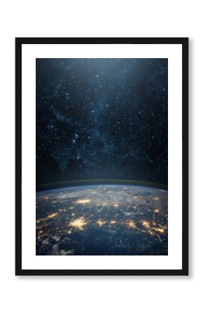  View of the Earth, star and galaxy. Sunrise over planet Earth, view from space. Concept on the theme of ecology, environment, Earth Day. Elements of this image furnished by NASA.