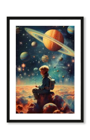 A boy in a space suit sits on a stone, starry sky with planets.
