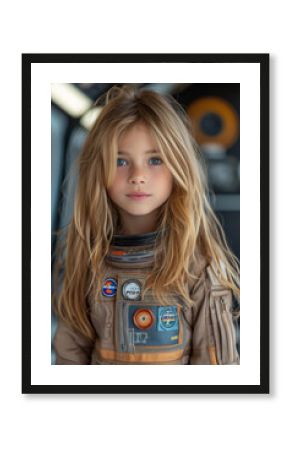Portrait of a cute caucasian young girl kid in an Astronaut space suit