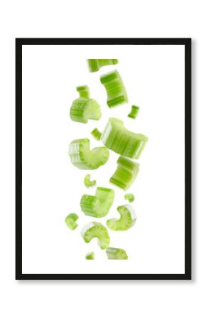 Pieces of celery fall in space. Isolated on white