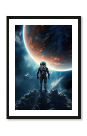 colorful illustration of astronaut in space suit and helmet exploring alien planet with mountains and stars and moons on night sky, astronomy concept 