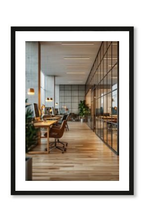 Empty modern bright open space business office with wooden furniture, computers, glass walls, plants is flooded with sunlight