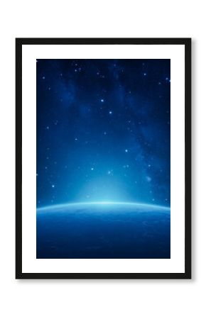 Close up view of a planet with space, stars, and galaxies in the background in the shades of blue. Space wallpaper, background, backdrop.