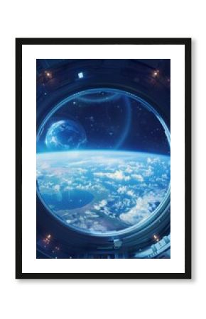 spaceship window with sunrise over planet view, space station porthole illuminator with planetary sunset view, astronomy background concept