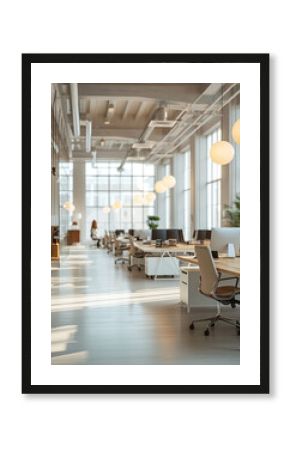 Empty modern bright open space business office with furniture, computers, glass walls, plants flooded with sunlight for working atmosphere.