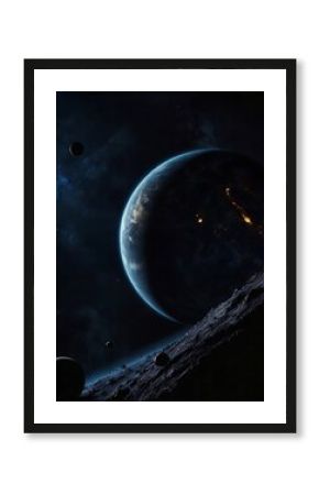 Abstract background of space design in darkness, dark view of space, planets and stars