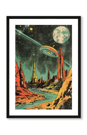 the front cover of space comics, in the style of interior scenes, golden age illustrations, pictorial space,generative ai