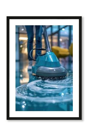 Modern Floor Cleaning Machine in Action at a Contemporary Office Space with Glass Walls and Stylish Furniture