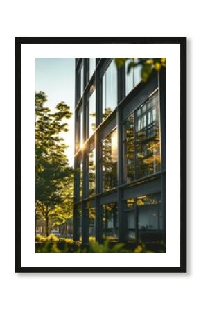 Modern Office Building with Large Windows Overlooking Urban Green Space for Sustainable Work Environment