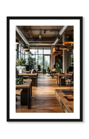 Interior of modern office with white and wooden walls, open space area with white computer tables and conference room with metal chairs.