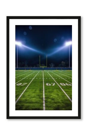 Football field illuminated under bright lights at night. Green grass stadium with white lines. Goalposts stand tall in center. Fans, spectators gather around pitch. Champion team prepares for big