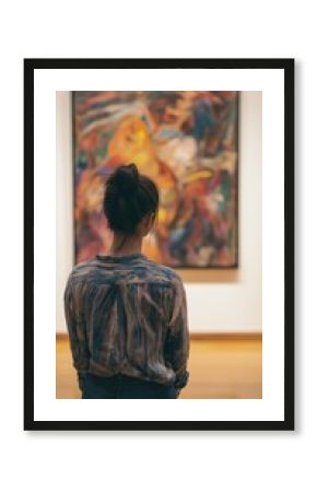 A visitor admires an abstract artwork displayed in a bright, contemporary art gallery